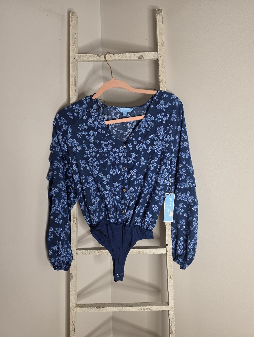 Draper James RSVP NWT Women's XS Blue Floral Ruffle Sleeve Bodysuit